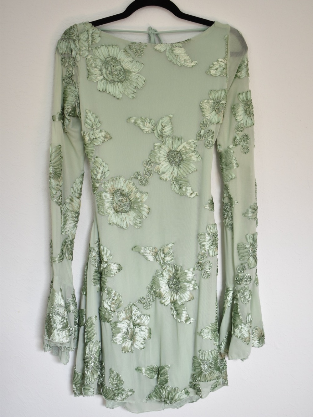 Hello Molly LOVE NOTES ONLY LONG SLEEVE Mesh MINI DRESS SAGE size Large - Picture 2 of 7